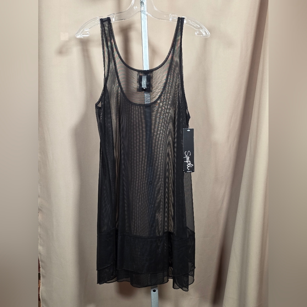 NWT Sympli Black Mesh Long Tank Double Layer Detail at Bottom Size 14